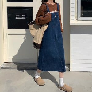 디작소 여성 여름 데일리 쿠키 베어 데님 멜빵스커트