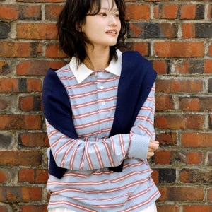 [디써티원] Pinstripe Collar Long Sleeve Tee (BLUE GREY) DU26SK3002BG