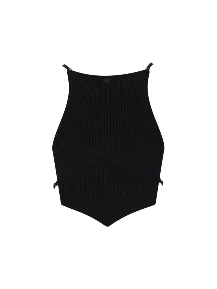 Courrèges 쿠레주 로고 패치 리브 니트 크롭 탑