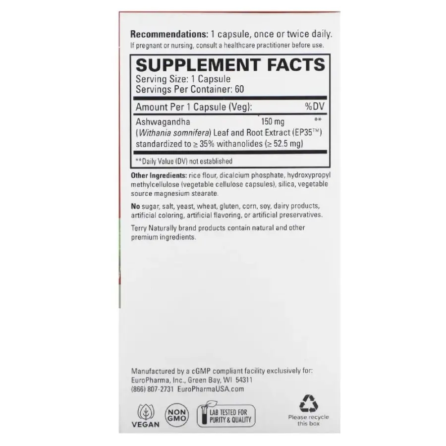 <b>테리내추럴리</b> 아슈와간다 Ashwagandha <b>에너지</b> 로디올라  60정(1정당 150mg)