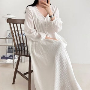 신상오픈런 |CSO596E|여성용 봄철 스트라이프 브이넥 퍼프소매 박시 롱드레스_636338