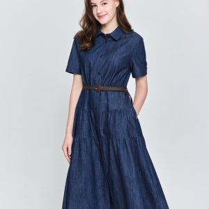 [헤지스 여성] [스테디셀러][데님]딥블루 헤지데님 티어드 반소매 원피스 WSDR5B301B3