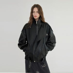 [퀸스래빗] Trim Oversized Leather Jacket - BLACK