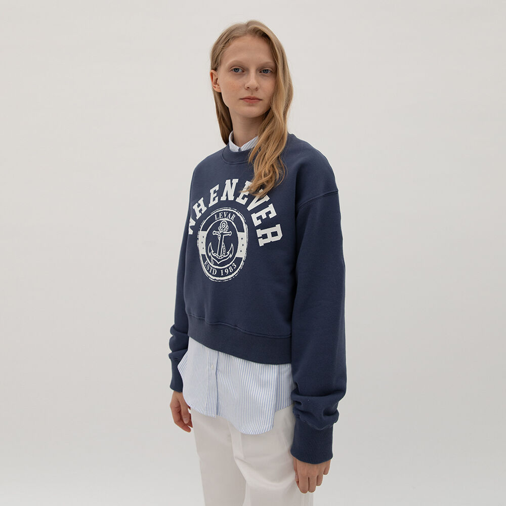 [르바] Whenever-Print Sweatshirt - Dusty Navy