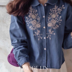 [베스트특가 5천원 할인]MADE LIN젠느꽃자수 라운딩카라 부드럽고 유연한 청남방[size:F(55~66)]