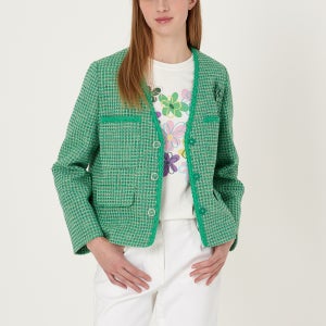 [기비] 배색 트리밍 노카라 트위드 자켓 & 플라워 브로치 GY25S1FRJ3345