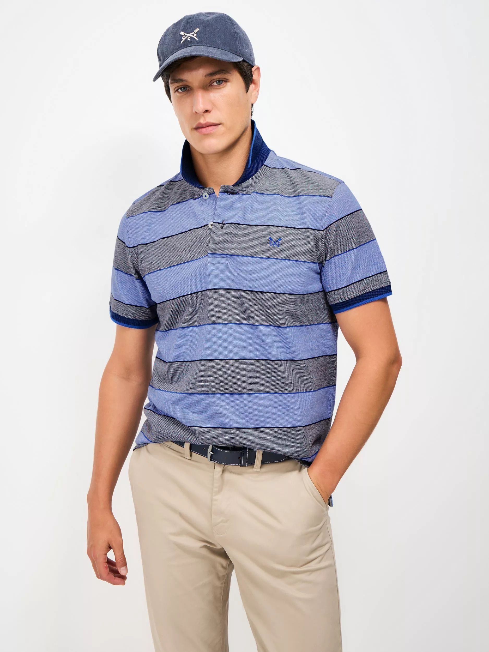 Crew Clothing 레귤러 핏 옥스포드 스트라이프 폴로 셔츠 다크 블루 그레이 코튼 Cotton Regular Fit Oxford Stripe Polo Sh 152184662