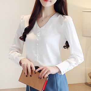 [하프클럽] KPP 8086 여성 단추 포인트 블라우스 여성상의 셔츠 브이넥