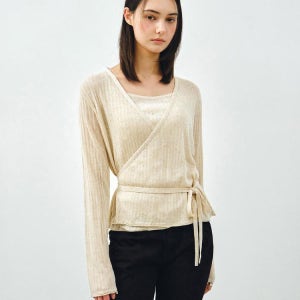 [몽돌] [SET] 시어 린넨 랩 니트 슬리브리스 오트밀 MDKT124OATMEAL