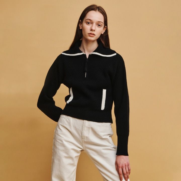 아바몰리 TWO-TONE TRIMMING PULLOVER (BK+IV)