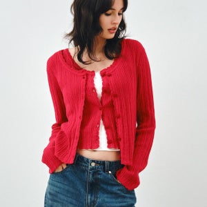 [몽돌] [SET] 펀칭 니트 가디건 슬리브리스 레드 MDCD059RED