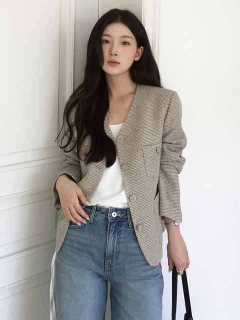 [닐바이피] 트위드 크롭 자켓 베이지