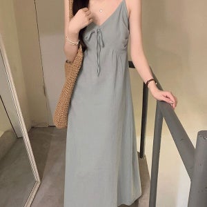 내일도착 롱원피스 말리부/여름휴가룩/축제룩 브이넥 하늘하늘 여리핏 리본 베이직 루즈 롱 원피스