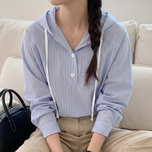 캐주얼 여성 간절기 스트라이프 후드 셔츠 줄무늬 남방 루즈핏 스트링 F 블루