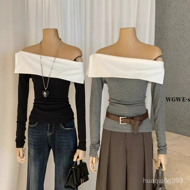 Yellwell여성 오프숄더 배색 긴팔 티셔츠 데일리 캐주얼 블랙 화이트 상의LZZ M