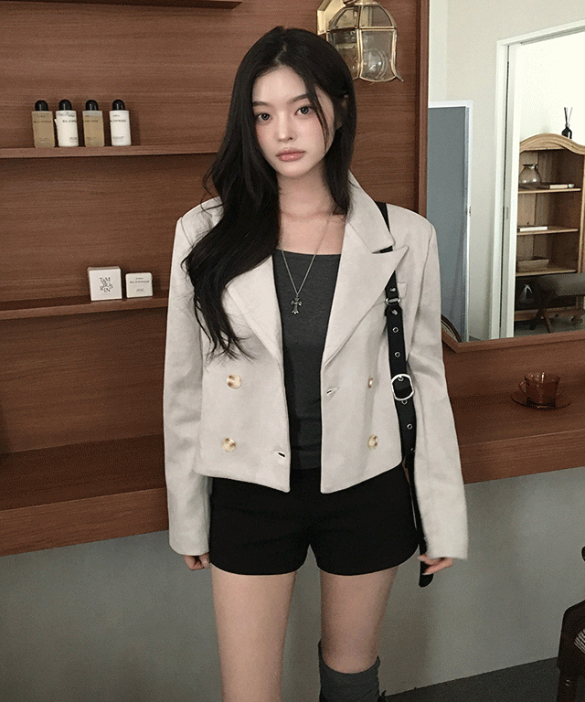 니크 봄 가을 스웨이드 더블 버튼 크롭 블레이저 자켓