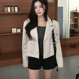 니크 봄 가을 스웨이드 더블 버튼 크롭 블레이저 자켓
