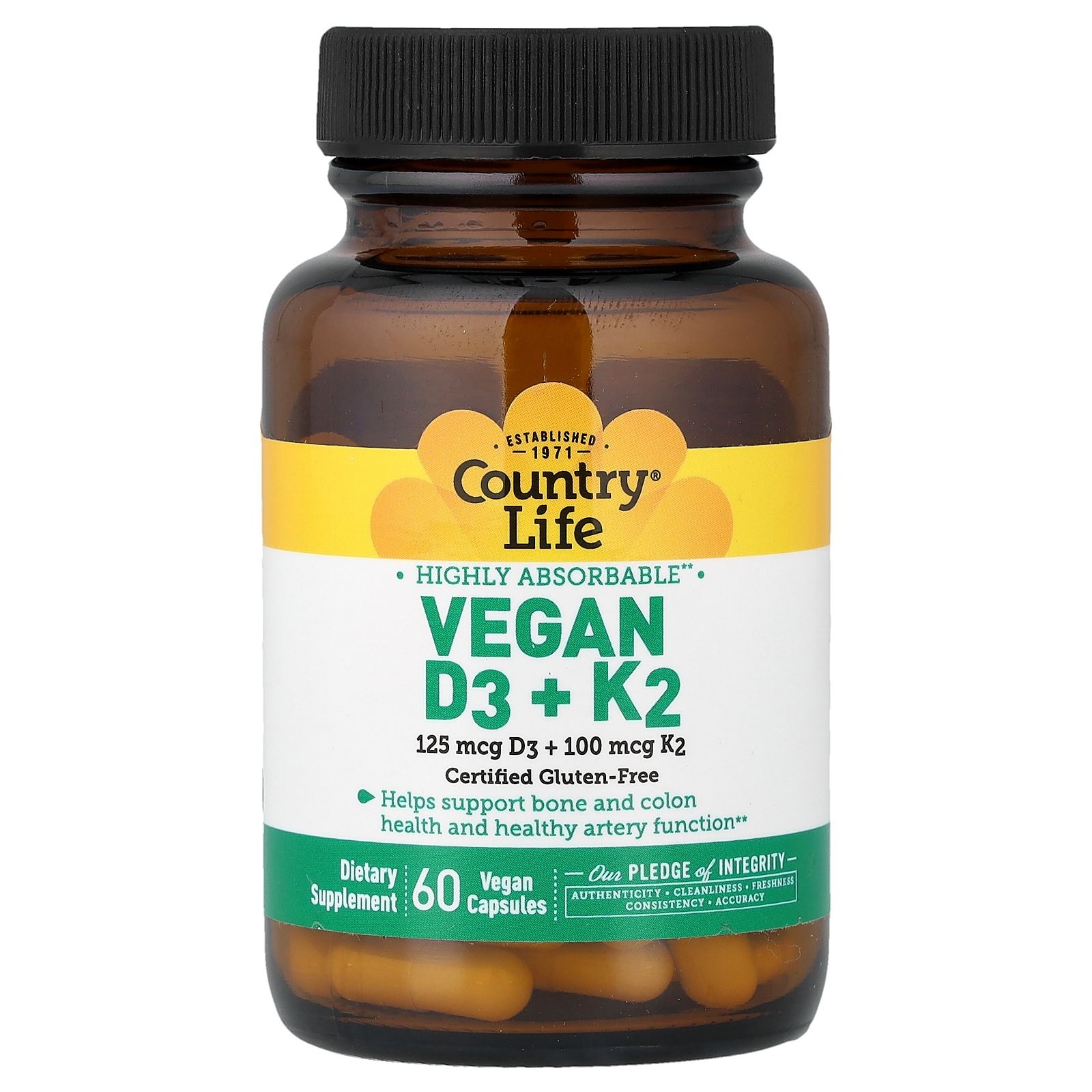<b>Country Life</b> Vegan D3 + <b>K2</b> 60 Vegan Capsules  <b>Country Life</b>  Vegan D3 + <b>K2</b>  6