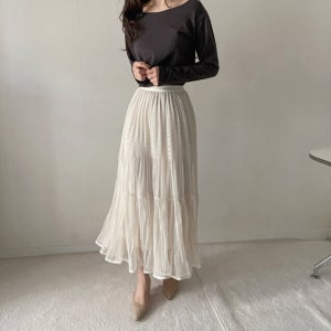 퓨어 오간자 롱 밴딩 플레어 스커트 캉캉 봄 간절기 글로시 플리츠 쉬폰  Free  아이보리