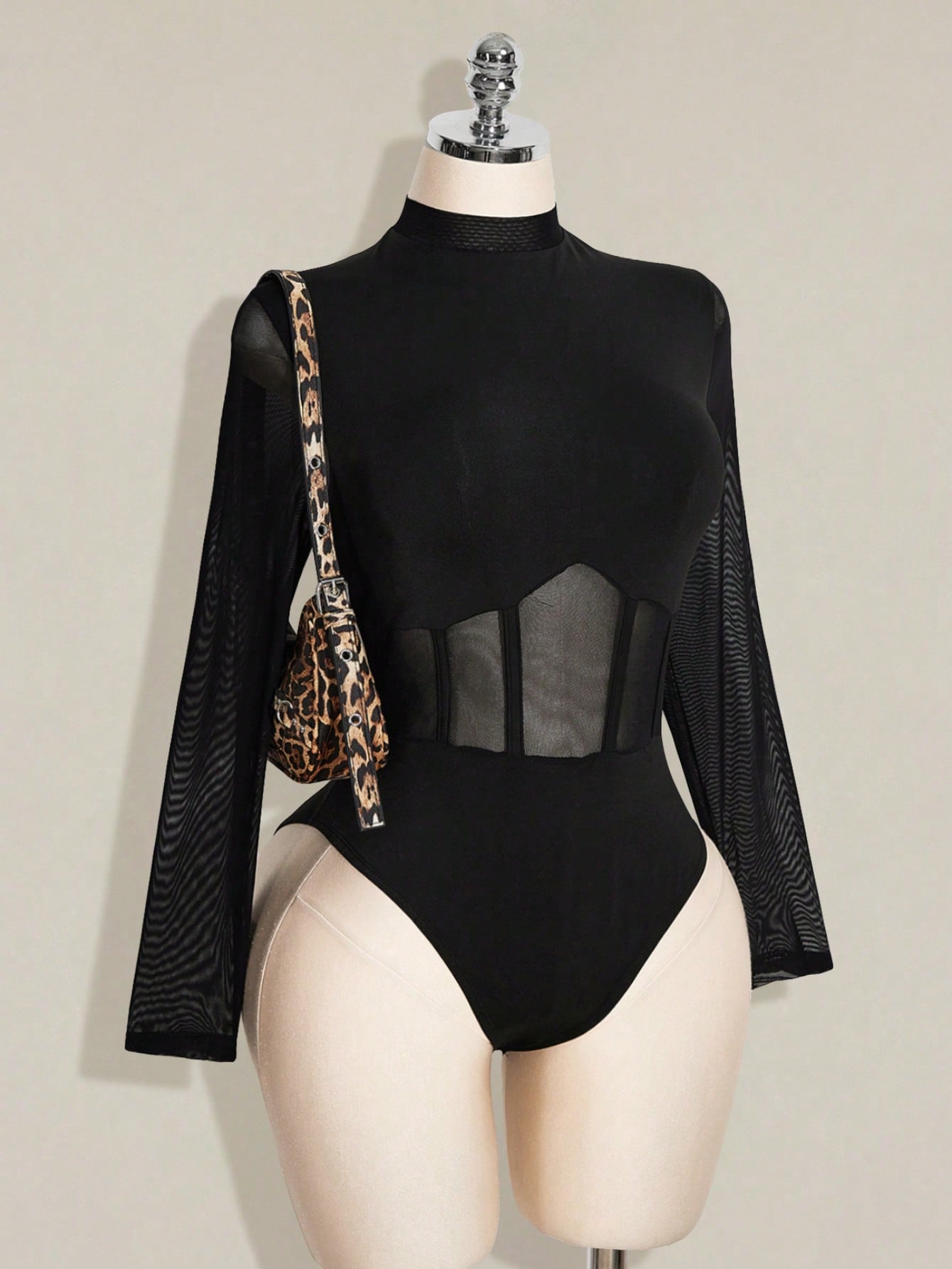 SHEIN 플러스 사이즈 여성 블랙 긴팔 메쉬 패치워크 바디수트
