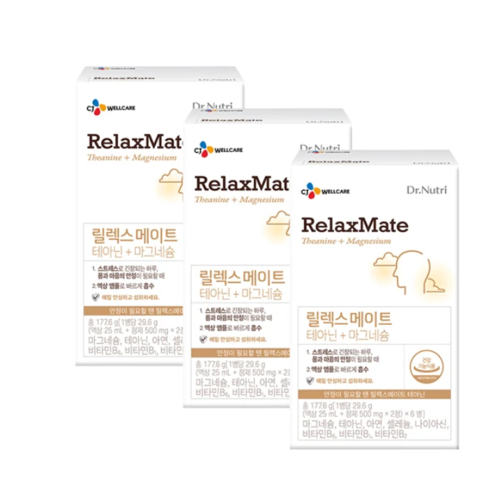 3박스 <b>CJ웰케어</b> 닥터뉴트리 릴렉스메이트 <b>테아닌</b> 마그네슘 액상 앰플 건강기능식품 6병  3개