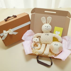 [임신출산선물]오가닉애착인형 1종 +딸랑이2종세트, 벨모나미