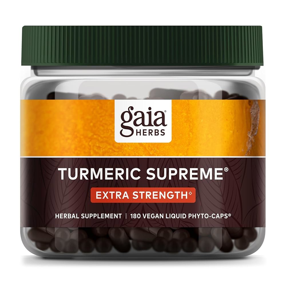 <b>가이아</b> 허브 강황 의 엑스트라 스트렝스 커큐민과 블랙 페퍼가 함유된 액체 식물성 캡 120개 최대 120인분 로 정상적인 마 인한 불편함을 지원