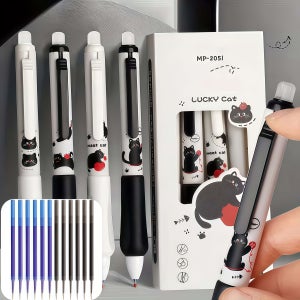 16pcs Set of Little Bla Cat Pattern Erasable Gel Pens - 0.5mm Tip/Built-in Eraser - Blue/Bla - &