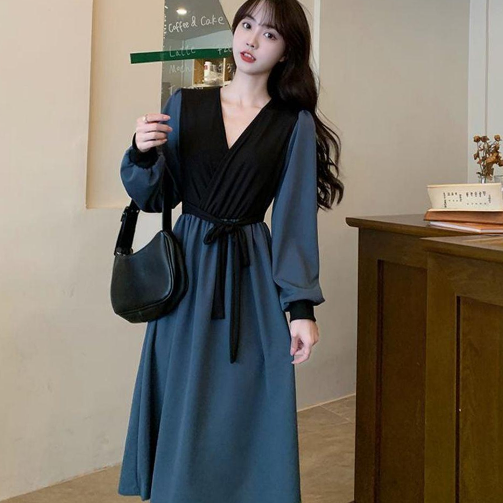 부들부들 A라인 허리끈 롱원피스 블루 블랙 배색