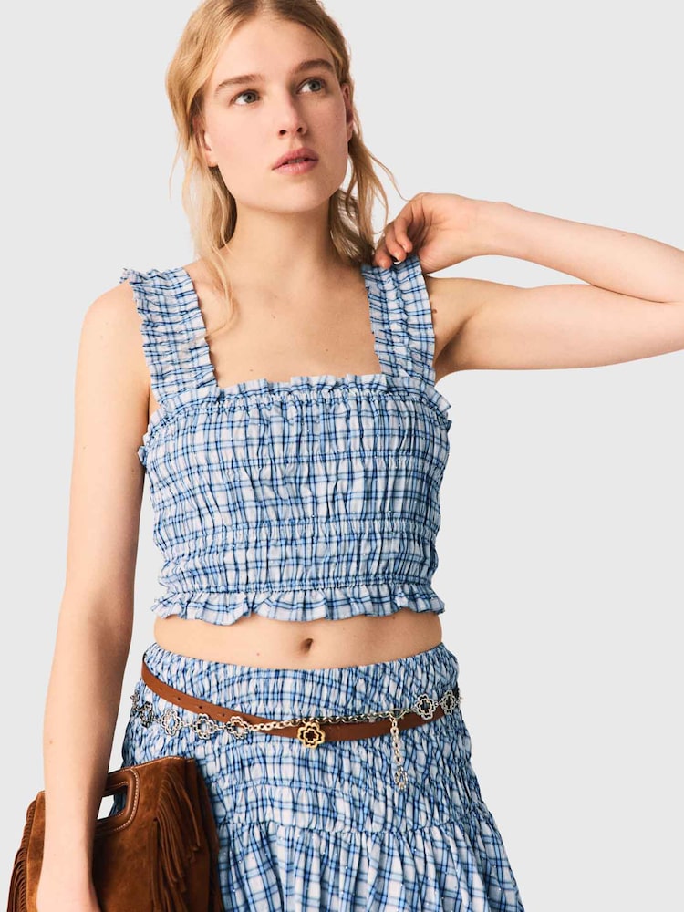 [마쥬] Smocked Rhinestone Cotton Top - Blue Check Print 하늘색 MJ6260S05Q