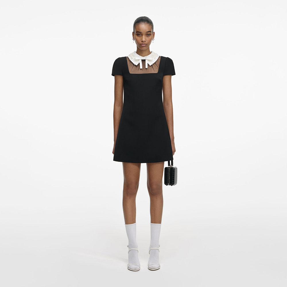 BLACK CREPE BOW COLLAR MINI DRESS