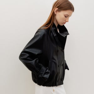 [르메메] [3th]Mouchou High Neck Leather Jumper Black