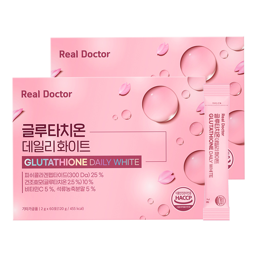 <b>리얼닥터</b> 글루타치온 데일리 화이트 2g*60포 (2개월분) / 1포당 300달톤 콜라겐 맛있는 글루타치온 고함량 면역 피부<b>미백</b> 백옥피부 저분자콜라겐 히알루론산 엘라스틴 피부탄력