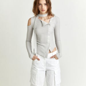 뮤제 [6th] Vienne Unbalanced Cut-Out Detail Knitted Cardigan_Gray