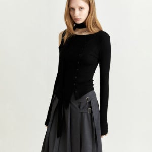 뮤제 [6th] Vienne Unbalanced Cut-Out Detail Knitted Cardigan_Black