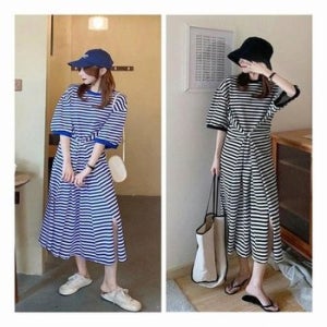단가라 여름원피스 7부 롱원피스 스트라이프 반팔