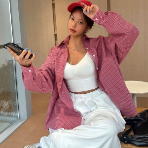 다잇템 [하프클럽/다잇템]여자 주머니 아방핏 언발 잔체크 빅사이즈 셔츠