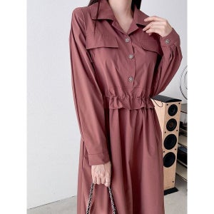 마미스클로젯 [하프클럽/샵앤]카라넥 밴딩 단추 플레어 롱 원피스 CAT-WDR-3831-브릭