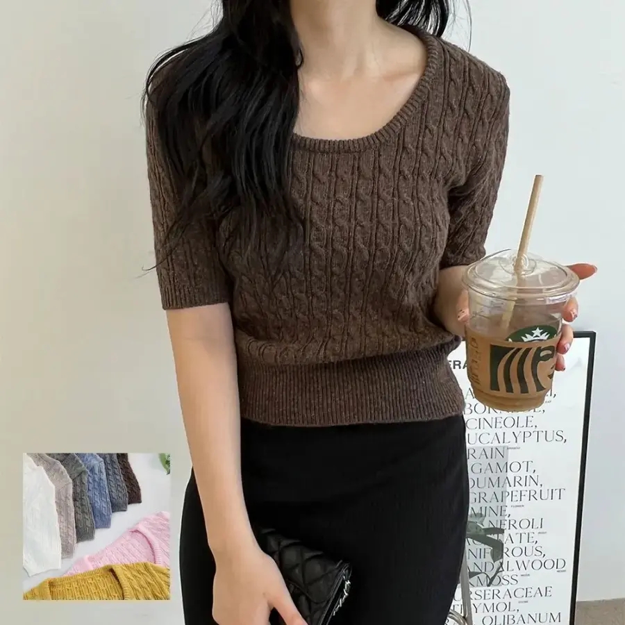 <b>직장인</b>기본니트 여자 U넥 꽈배기 세미크롭 반팔 니트<b>티 스탠다드</b> 핏