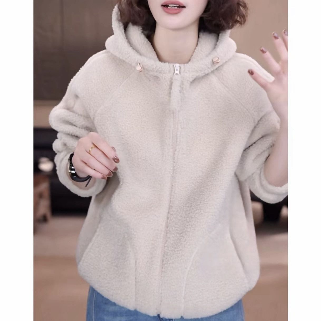 여성 양털 후드 집업 자켓 루즈핏 보아 플리스 겨울 데일리 캐주얼 아우터 베이지색 L