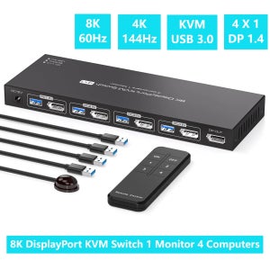 2026년 신제품 8K 디스플레이포트 KVM 스위치 1 모니터 4대 컴퓨터 4K 144Hz 4x1 DP USB 3.0 KVM 스위치 4대 PC 공유 키보드 마우스 KCEVE