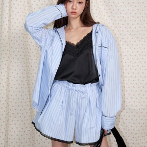 [오프닝선샤인] Hooded Striped Pajama Shirt Blue