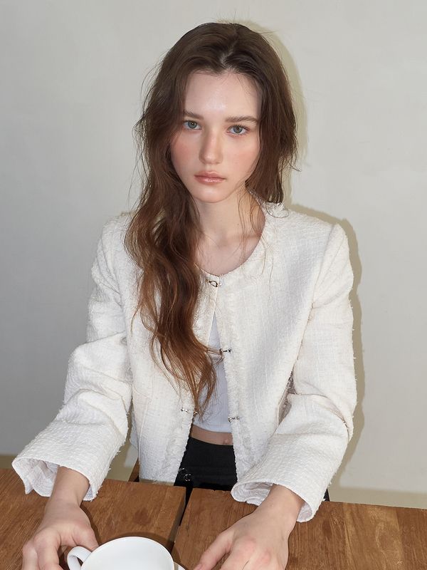 [에트몽] Buckle Fringe Tweed Jacket, Ivory_JK140VSS02
