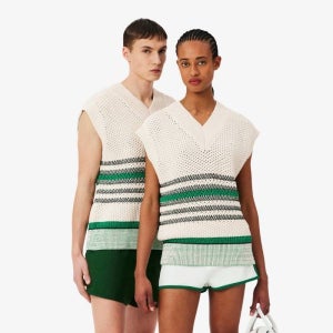 라코스테 슬리브리스 풀오버 오픈워크 피케 스트라이프 티셔츠 AH2520 00 TKM 단품 블랑 그린 11286206 153235562