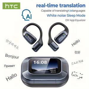 HTC NE25 무선 오픈 이어폰, V6.0 무선, 낮은 통화 지연, 실시간 134개 언어 AI 번역 탑재 - HD LCD 디스플레이, 60시간 배터리 수명