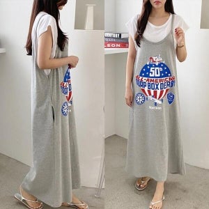 엠제이닷컴 (OPS-786)스타 끈나시 롱원피스 티셔츠세트 반팔 멜빵 (12454704A)