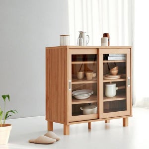 [마이모노샵] 투명유리 우드 선반 주방용품 정리장 2컬러 그릇전시장 (17055112)