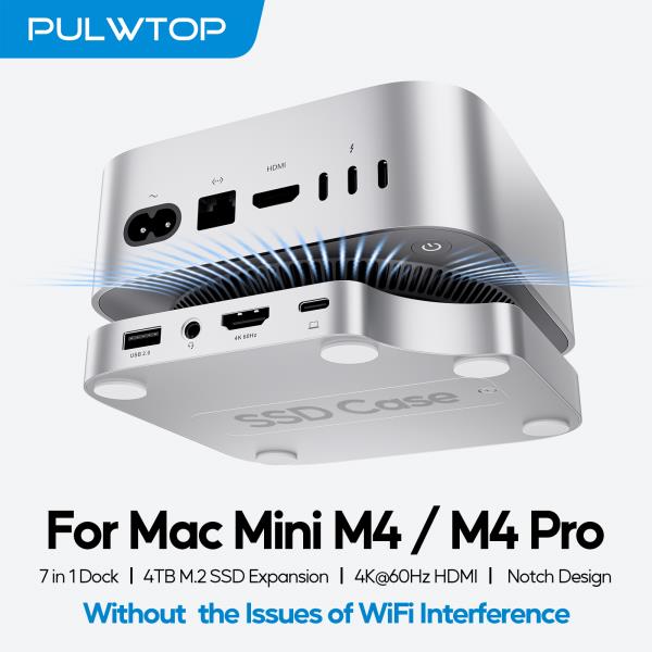 4TB SSD 인클로저가 포함된 PULWTOP Mac Mini M4 Dock USB C 허브 지원 HDMI 4K 60Hz A 2.0 SD/TF M4/M