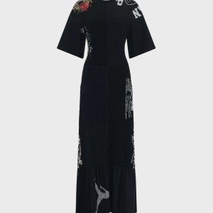 MARINE SERRE W 업사이클드 셔링 티셔츠 롱 피티드 드레스 블랙 UPCYCLED SHIRRED TSHIRTS LONG FITTED DRESS MRSW242PRDR029