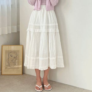 내일도착 롱스커트 팝콘 프릴 레이스 밴딩 플레어 A라인 러블리 미디 롱 스커트 2color